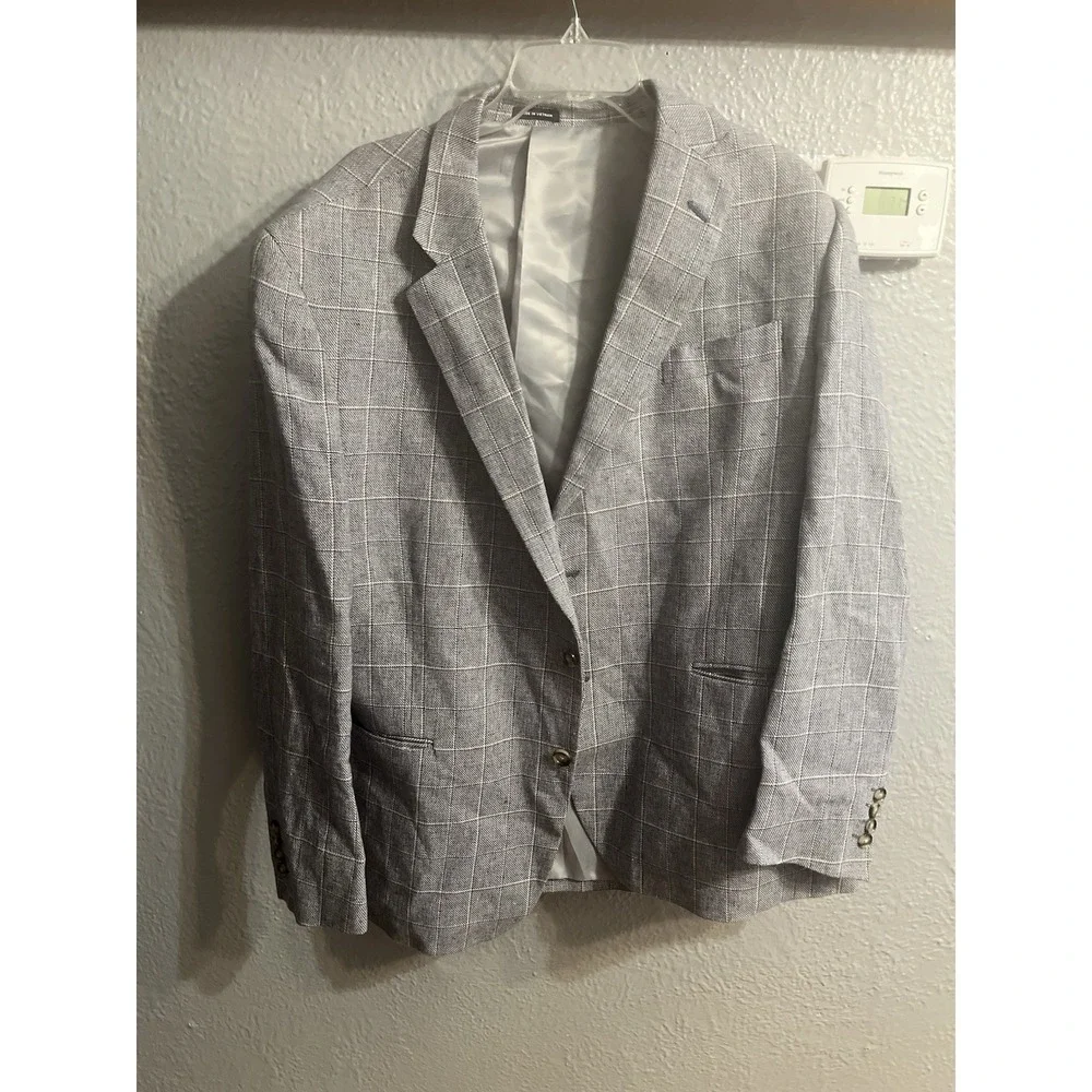 Mens Blue Size 46R Stafford Classic Sports Coat Windowpane Linen Blend‎